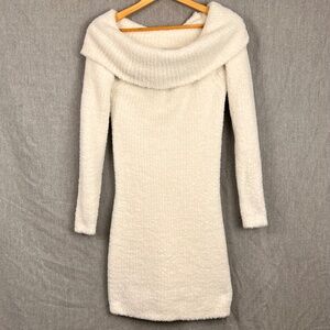 Wild Fable Faux Fur Ribbed Cowl Neck Off Shoulder Midi Dress Sz L White Bodycon